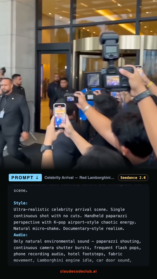 Celebrity Arrival in a Red Lamborghini, made with Seedance 2.0
