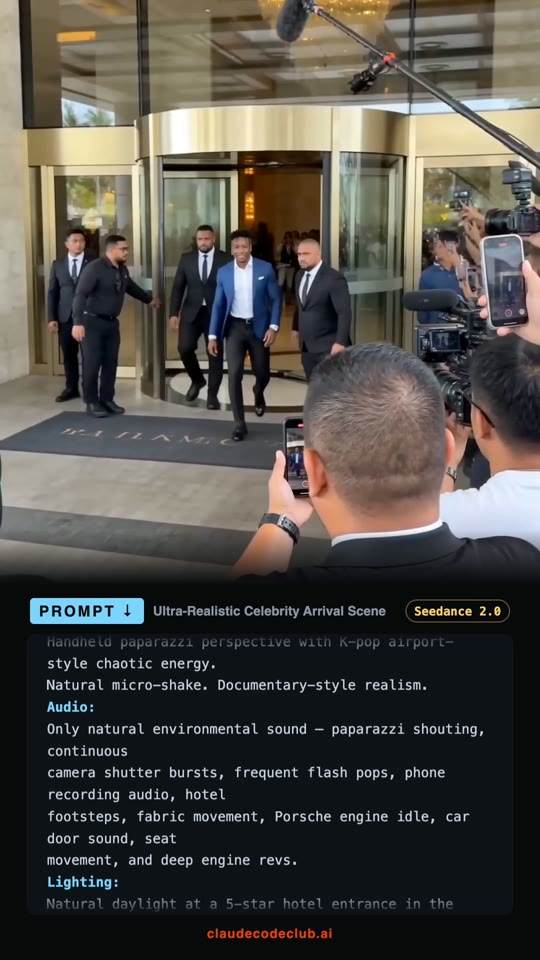 Celebrity Arrival Through the Paparazzi, made with Seedance 2.0