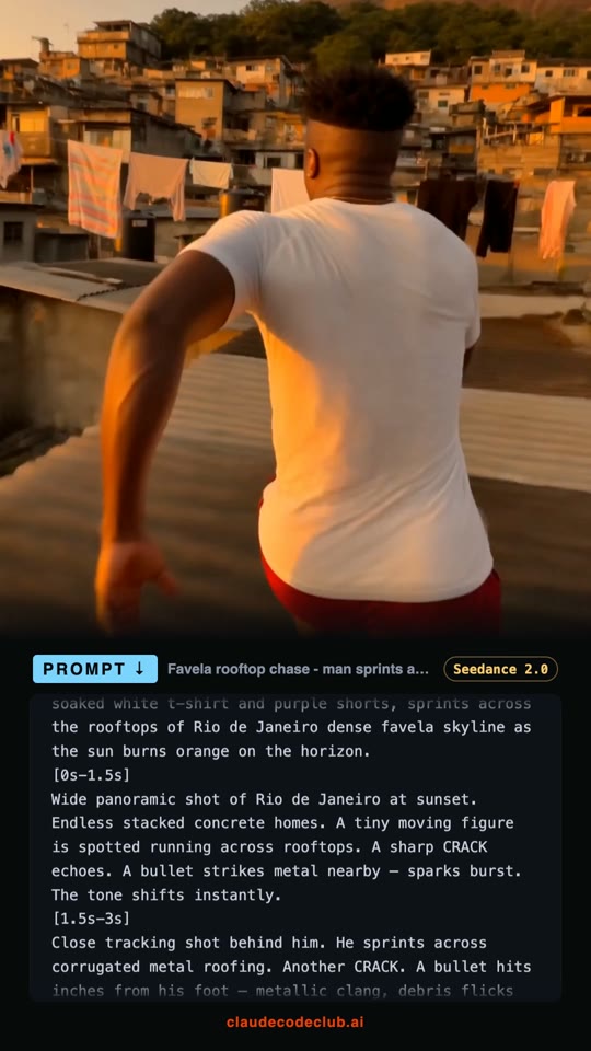 Favela Rooftop Chase at Sunset, made with Seedance 2.0