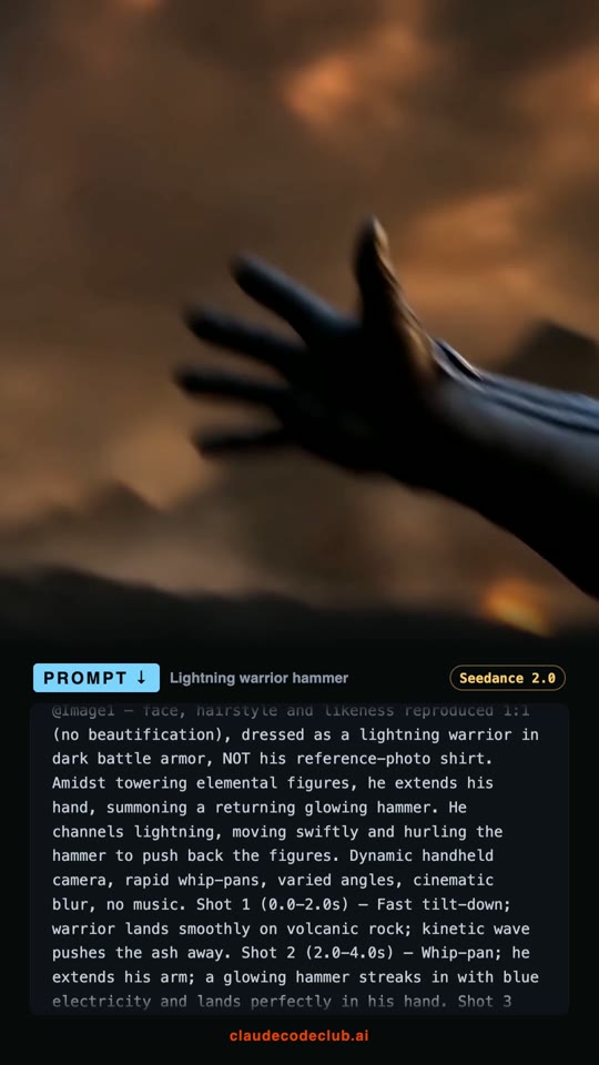 Lightning Warrior Summons a Hammer, made with Seedance 2.0