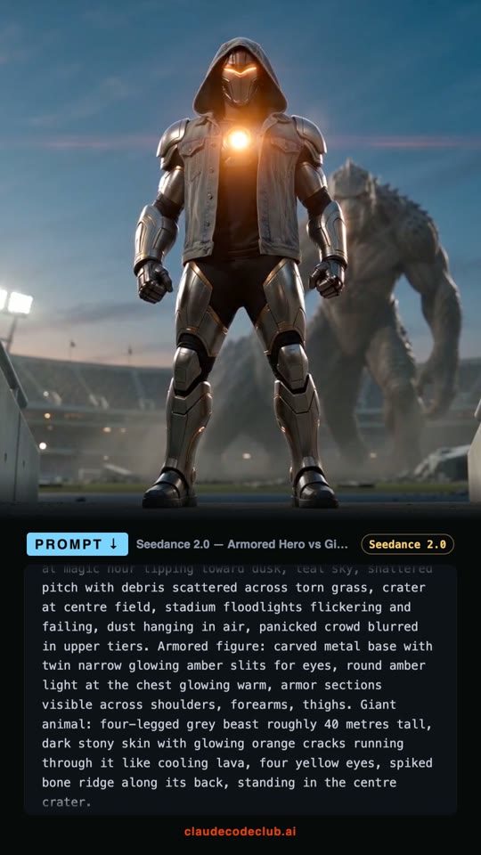 Armored Hero vs Giant Beast in a Stadium, made with Seedance 2.0