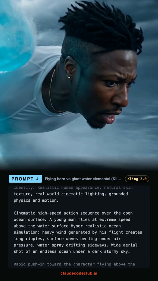 Flying Hero vs Giant Water Elemental (Kling), made with Kling 3.0